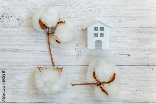 Miniature white toy house with cotton flowers on a rustic old vintage wooden background, free space for text. Real estate mortgage property insurance dream home ecology natural organic farm allergy co photo