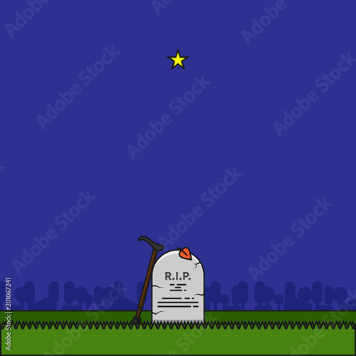Old tombstone with walking cane line vector icon.