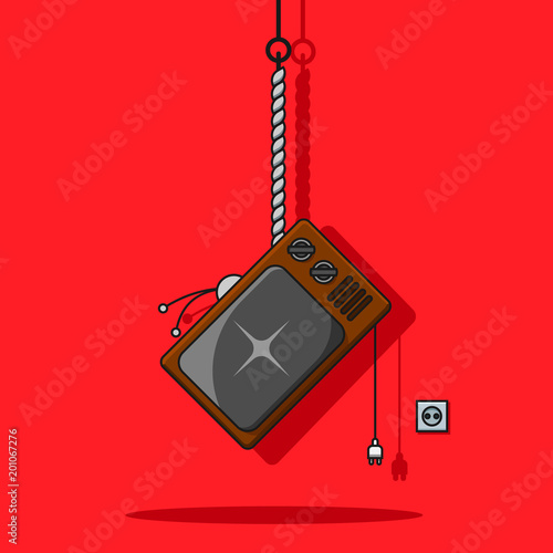 Hanged TV set line vector icon. 404 error page not found illustration.