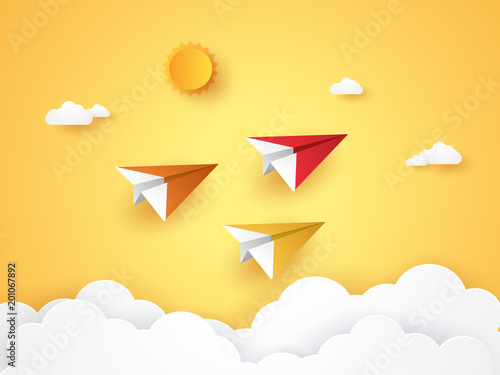 Summer time , Colorful origami plane flying in the sky , paper art style