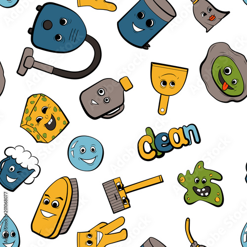 Wallpaper with cartoon objects for cleaning. Seamless pattern background vector illustration.