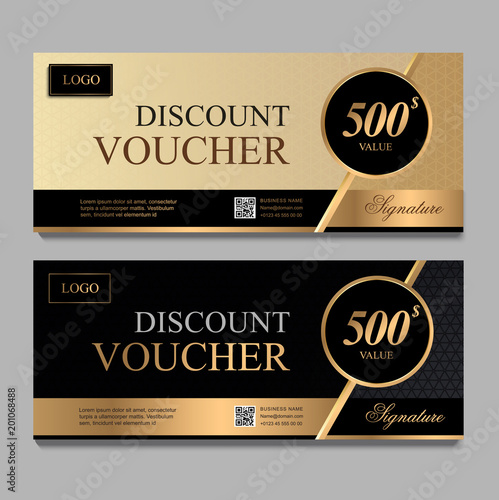 Discount voucher template with gold and black certificate. Background design coupon, invitation, currency. Set of stylish discount voucher gold and black. gift card, coupon.