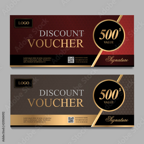 Discount voucher template with red and brown certificate. Background design coupon, invitation, currency. Set of stylish discount voucher red and brown. gift card, coupon.
