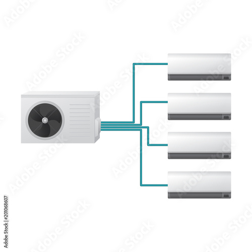 The air conditioning system vector illustration. HVAC. One outdoor and four indoor unit. The cooling of the air in the house.