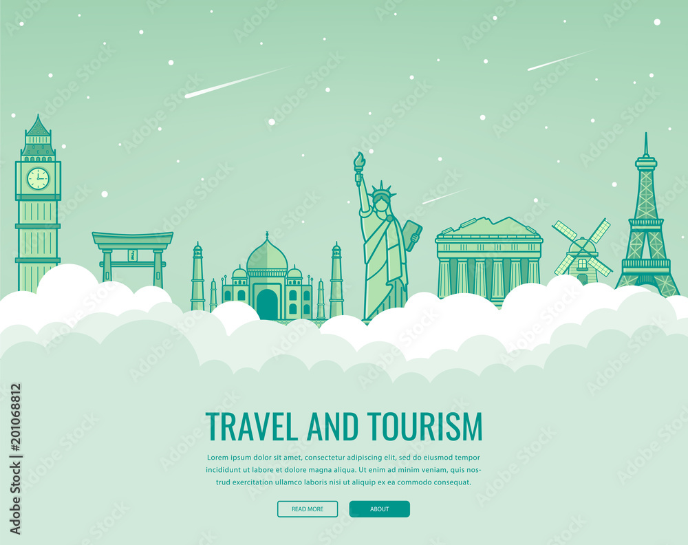 Travel composition with famous world landmarks. Travel and Tourism. Concept website template. Vector
