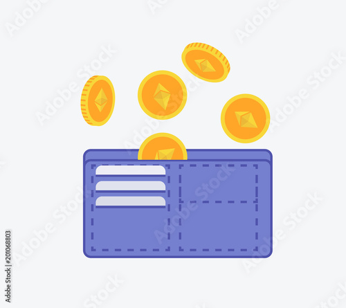 etherium wallet icon sign with etherium coins falling in wallet