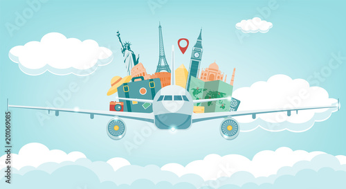 Travel composition with famous world landmarks. Travel and Tourism. Vector