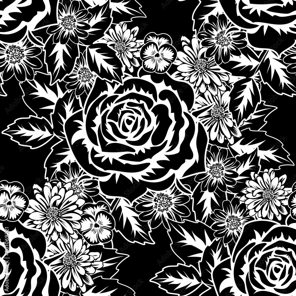 seamless monochrome pattern of flowers for greeting cards, background, price tags seamless monochrome pattern of flowers for greeting cards, background, price tags