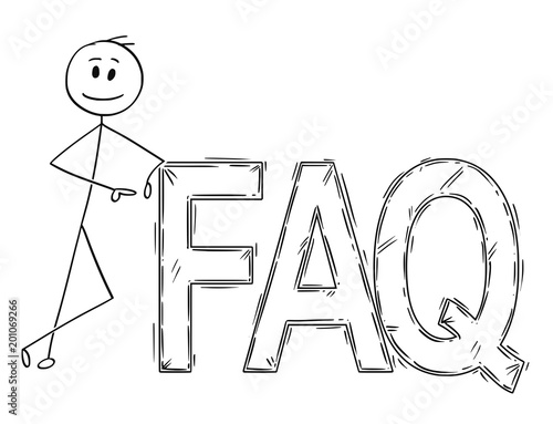 Cartoon stick man drawing conceptual illustration of businessman leaning on big faq or frequently asked questions sign.