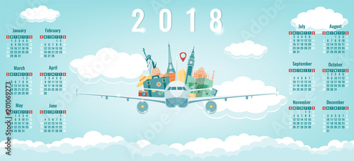 Calendar for 2018 with famous world landmarks. Week Starts Sunday. Vector