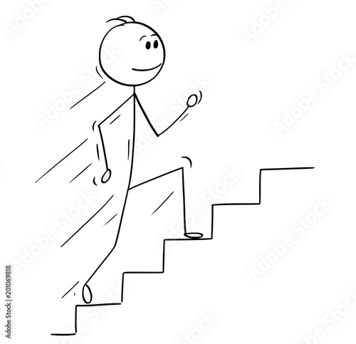 Cartoon stick man drawing conceptual illustration of businessman running up stairs or staircase. Business concept of success and career.