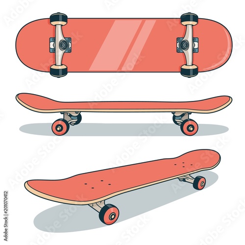 Red skateboard from various angles - color vector illustration.