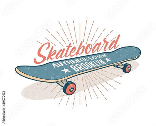 Skateboarding retro emblem with a gray blue skateboard. Grunge texture on a separate layer.