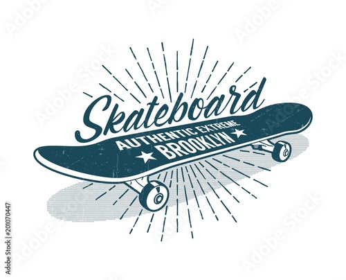 Skateboarding vintage print with classic skateboard and inscriptions. Grunge texture on separate layer.