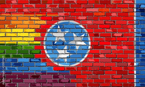 Brick Wall Tennessee and Gay flags - Illustration,
Rainbow flag on brick textured background, 
Abstract grunge Tennessee Flag and LGBT flag
