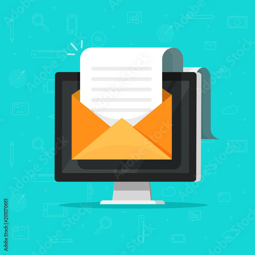 Electronic document email on computer vector illustration, flat cartoon long big paper doc on e-mail envelope pc display, idea of online documentation, newsletter message or electronic mail or letter