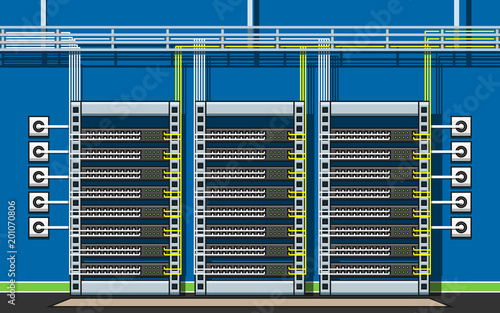 Server racks room flat line vector illustration. Datacenter icon.