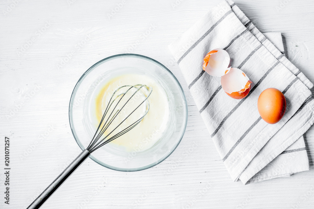 Fototapeta premium cooking pancake on white background top view ingredients for mak