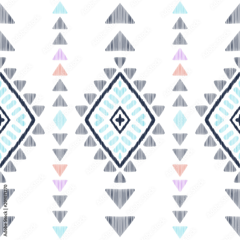 Ethnic seamless pattern for modern home decor. Tribal graphic design. Textured geometric shape in a black, blue, pink, orange and white palette. American indian navajo rug. Ethnic seamless pattern for modern home decor. Tribal graphic design. Textured geometric shape in a black, blue, pink, orange and white palette. American indian navajo rug.