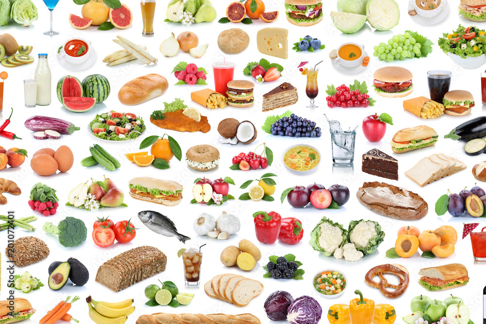 Collection of food and drink background collage healthy eating fruits vegetables fruit drinks isolated