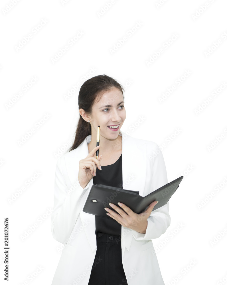 businesswoman holding pen and notebook with thinking for something. businesswoman holding pen and notebook with thinking for something.