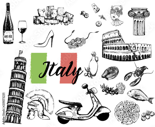 Set of hand drawn sketch style Italian themed objects isolated on white background. Vector illustration.