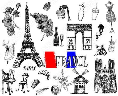 Set of hand drawn sketch style French themed objects isolated on white background. Vector illustration.