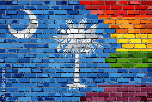 Brick Wall South Carolina and Gay flags - Illustration,
Rainbow flag on brick textured background, 
Abstract grunge South Carolina Flag and LGBT flag