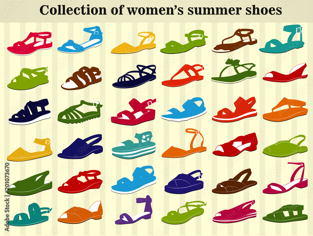 Set of women's summer shoes in different colors