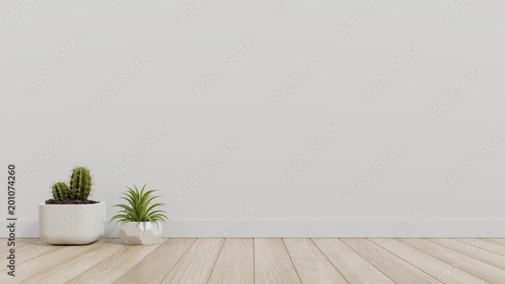 White empty room with plants on a floor,3D rendering White empty room with plants on a floor,3D rendering