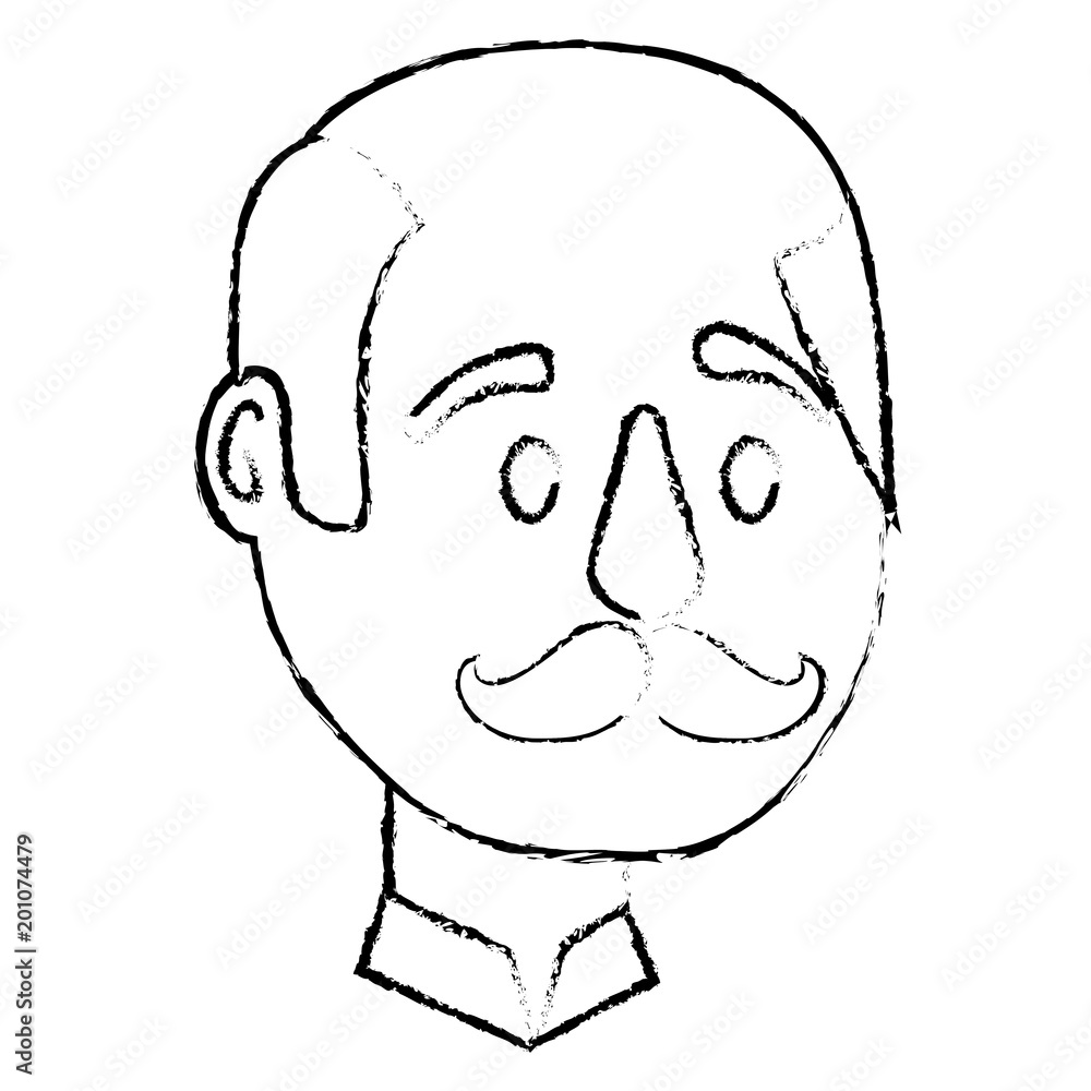 bald man character face with mustache vector illustration sketch