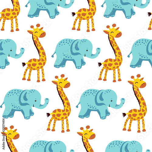 Flat seamless pattern with giraffe and elephant