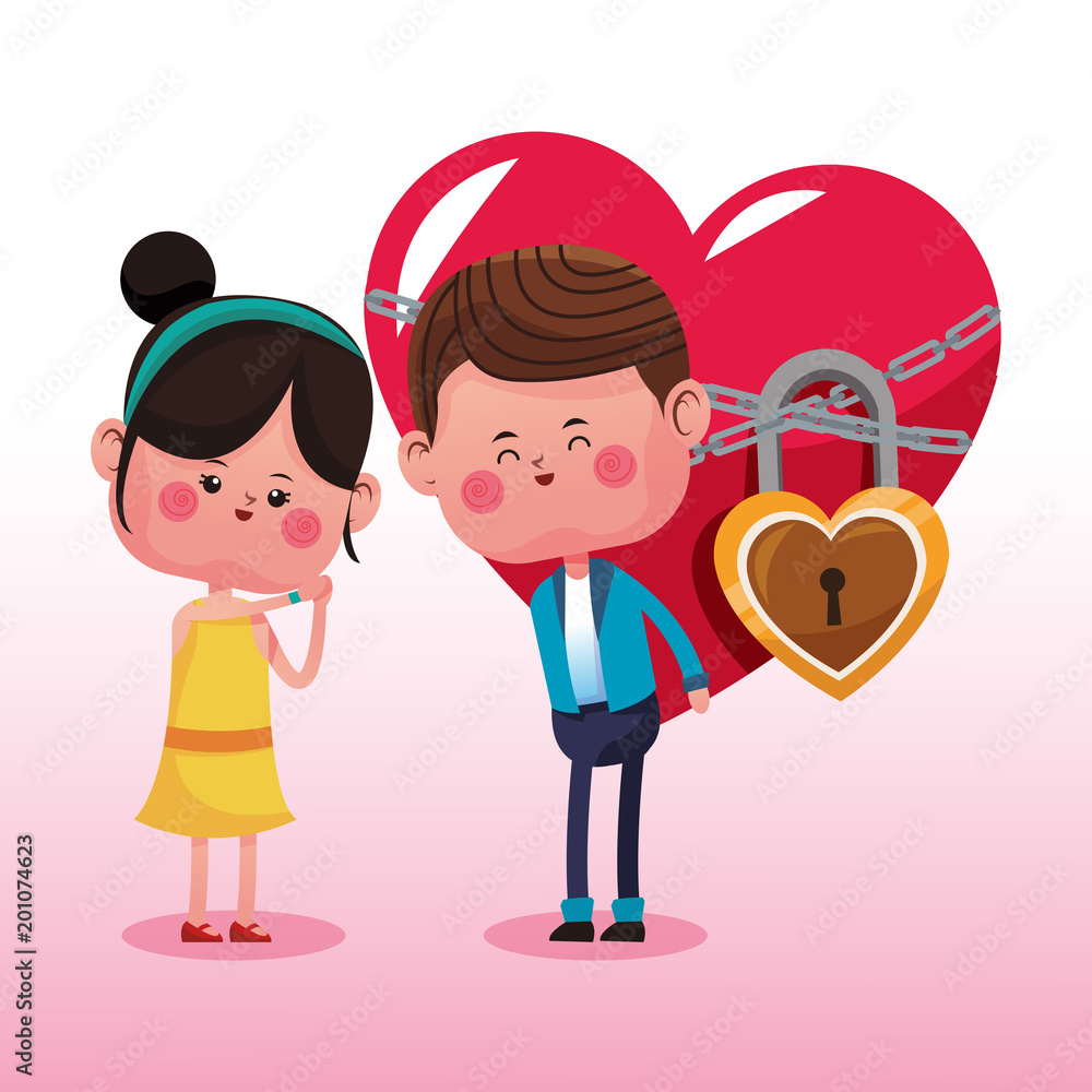 Cute couple with heart locked cartoon vector illustration graphic design