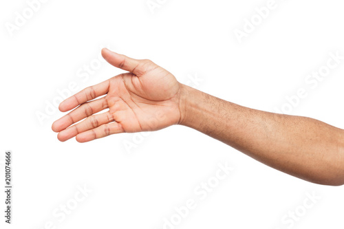 Hand of african-american man ready for handshake isolated on white