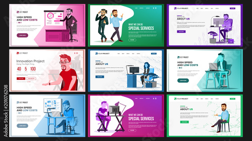 Website Design Template Set Vector. Business Landing. IT Technology. Modern Online Services Architecture. Landing Page, Web, Site. Cartoon Person. Creative Project. Optimization Progress. Illustration