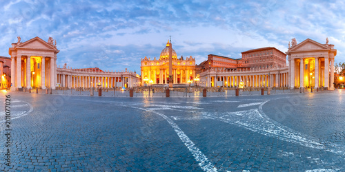 Panoramic view of The Papal Basilica of St. Peter in the Vatican or Saint Peter Cathedral during morning blur hour in Rome, Italy.