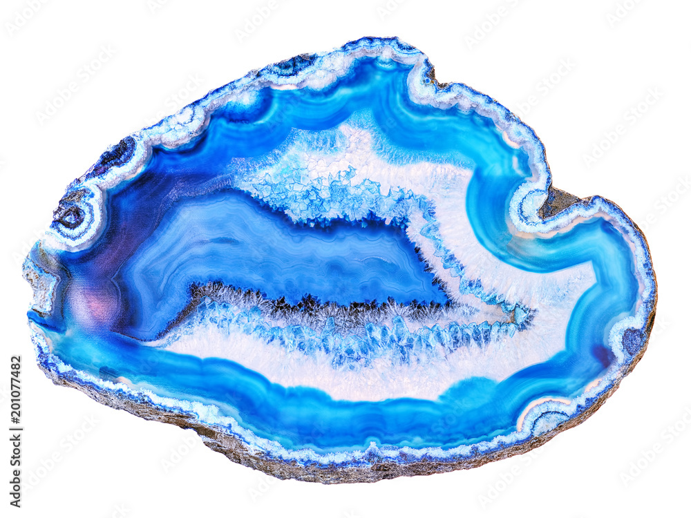Amazing blue Agate Crystal cross section isolated on white background. Natural translucent agate crystal surface, Blue abstract structure slice mineral stone macro closeup - obrazy, fototapety, plakaty 