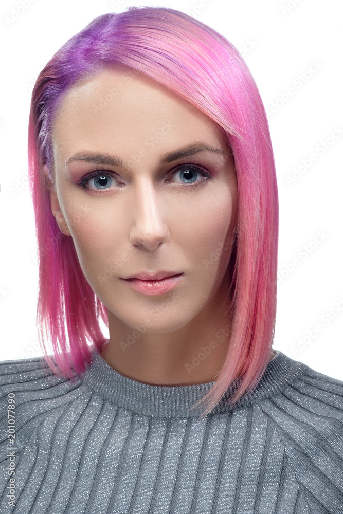 Beautiful young woman with short pink and violet hair Beautiful young woman with short pink and violet hair