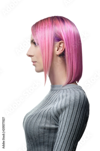 Beautiful young woman with short pink and violet hair