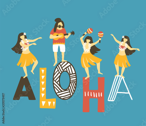 Vector hawaii  illustration. Summer background with dancing girls, men playing ukulele and text - ALOHA . Bright ethnic design.
