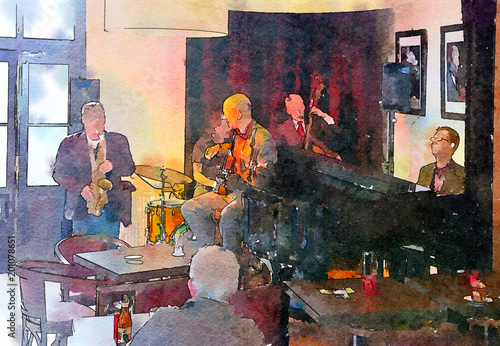 Photography people in jazz cafe, watercolor style, the Hague