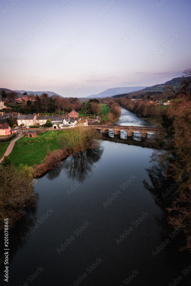 An aerial view of the Welsh Town Crickhowell and River Usk