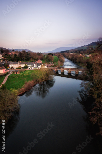 An aerial view of the Welsh Town Crickhowell and River Usk