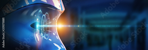 Fotografie Cyborg head using artificial intelligence to create digital interface 3D renderi