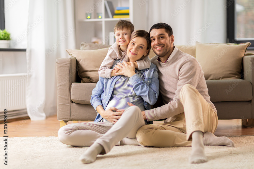pregnancy, people and family concept - happy pregnant mother, father and little son hugging on sofa at home pregnancy, people and family concept - happy pregnant mother, father and little son hugging on sofa at home