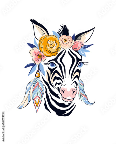 Vector stylish boho design. Hand drawn illustration with  zebra and flowers.