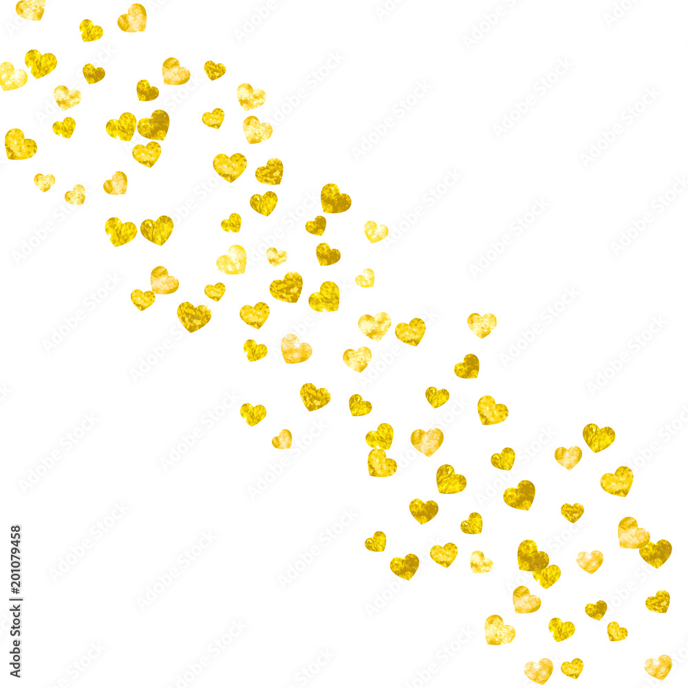 Heart border background with gold glitter. Valentines day. Vector confetti. Hand drawn texture.
 Love theme for party invite, retail offer and ad. Wedding and bridal template with heart border.