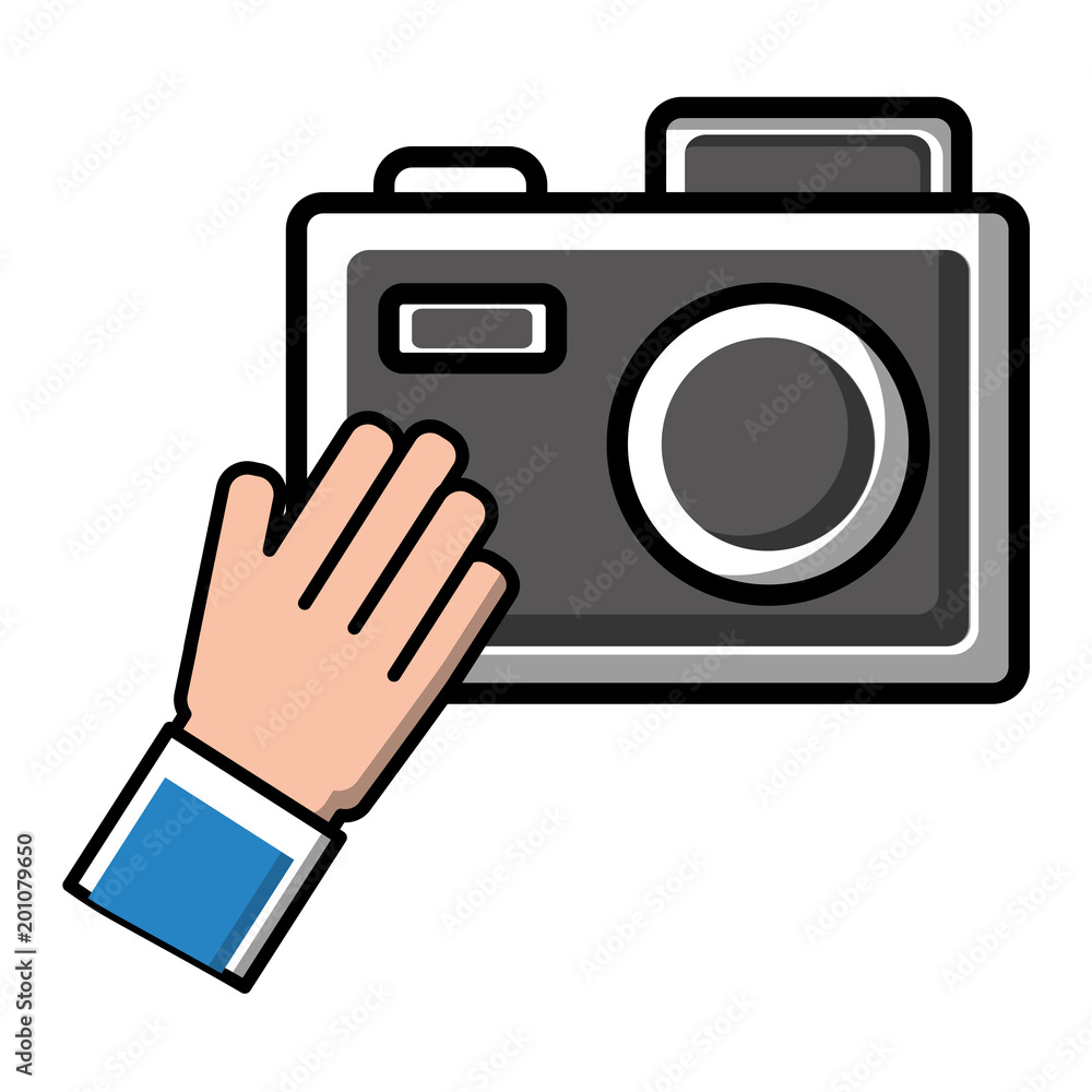 hand with photo camera flash device vector illustration
