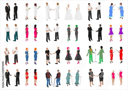 Set of isometries of different people. Different professions . A crowd of people at a party or a wedding.