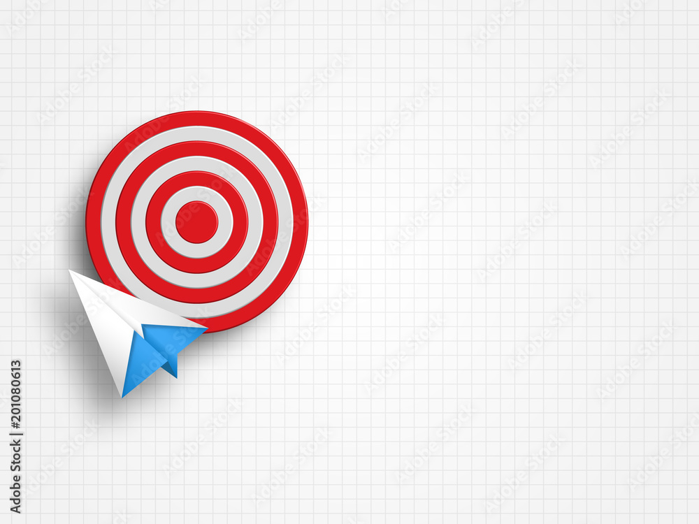 Shooting target icon and origami airplane on grid background represent ...